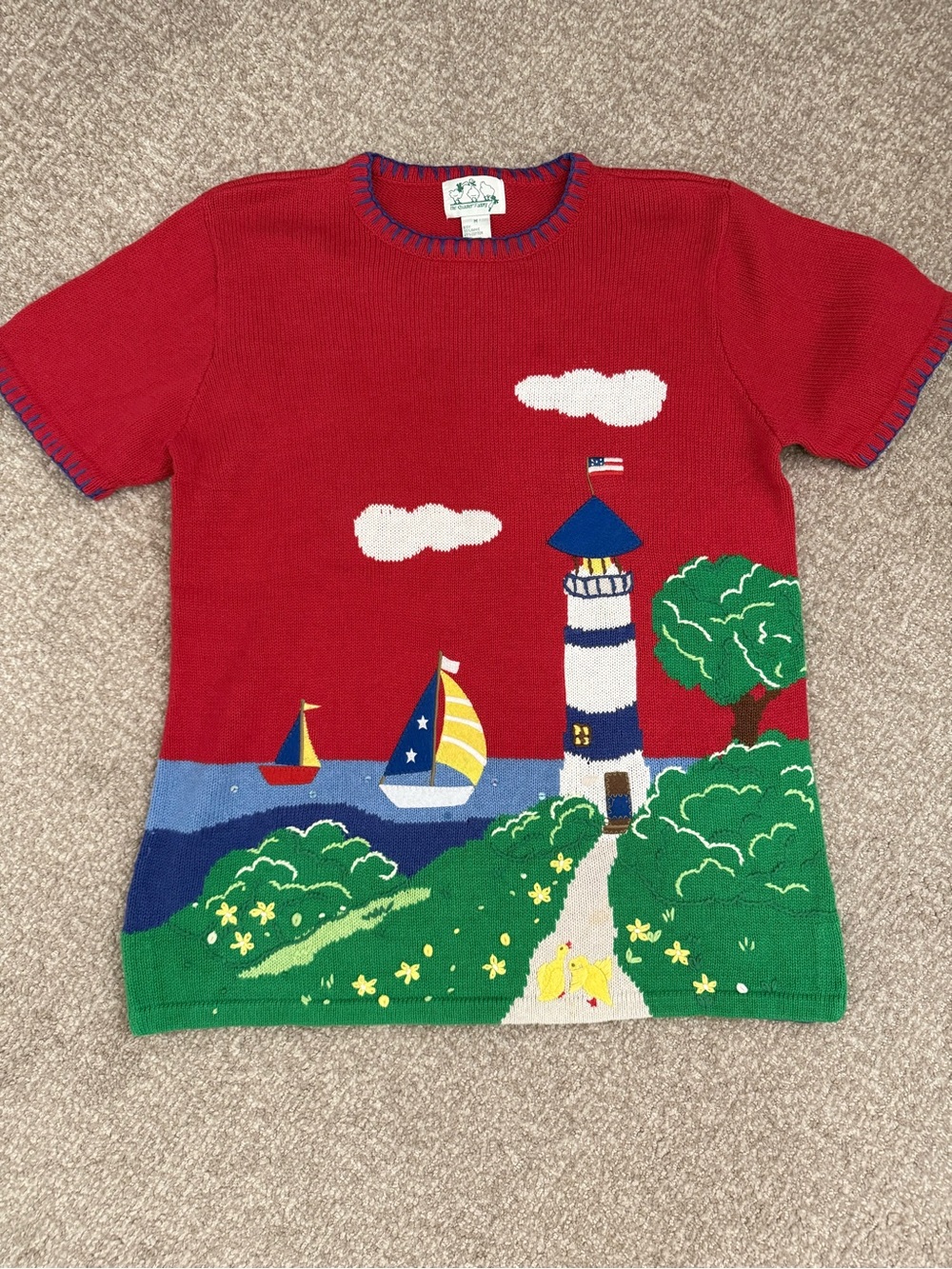 Vintage The Quaker Factory Short Sleeve Sweater EmbroiderSea Litehouse SailboatM